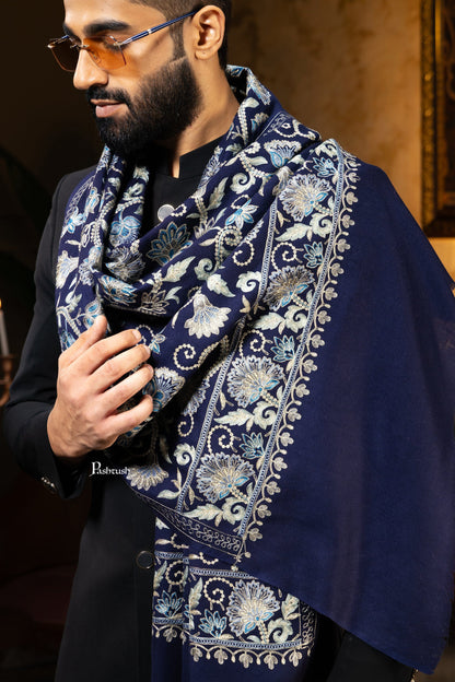 Pashtush India Gift Pack Pashtush His and Her Gift Set of Mens Silk Wool Embroidery Stole and Womens Pure Cashmere Stole, Navy Blue and Ombre, Packaged in Keepsake Wooden Chester Gift Box