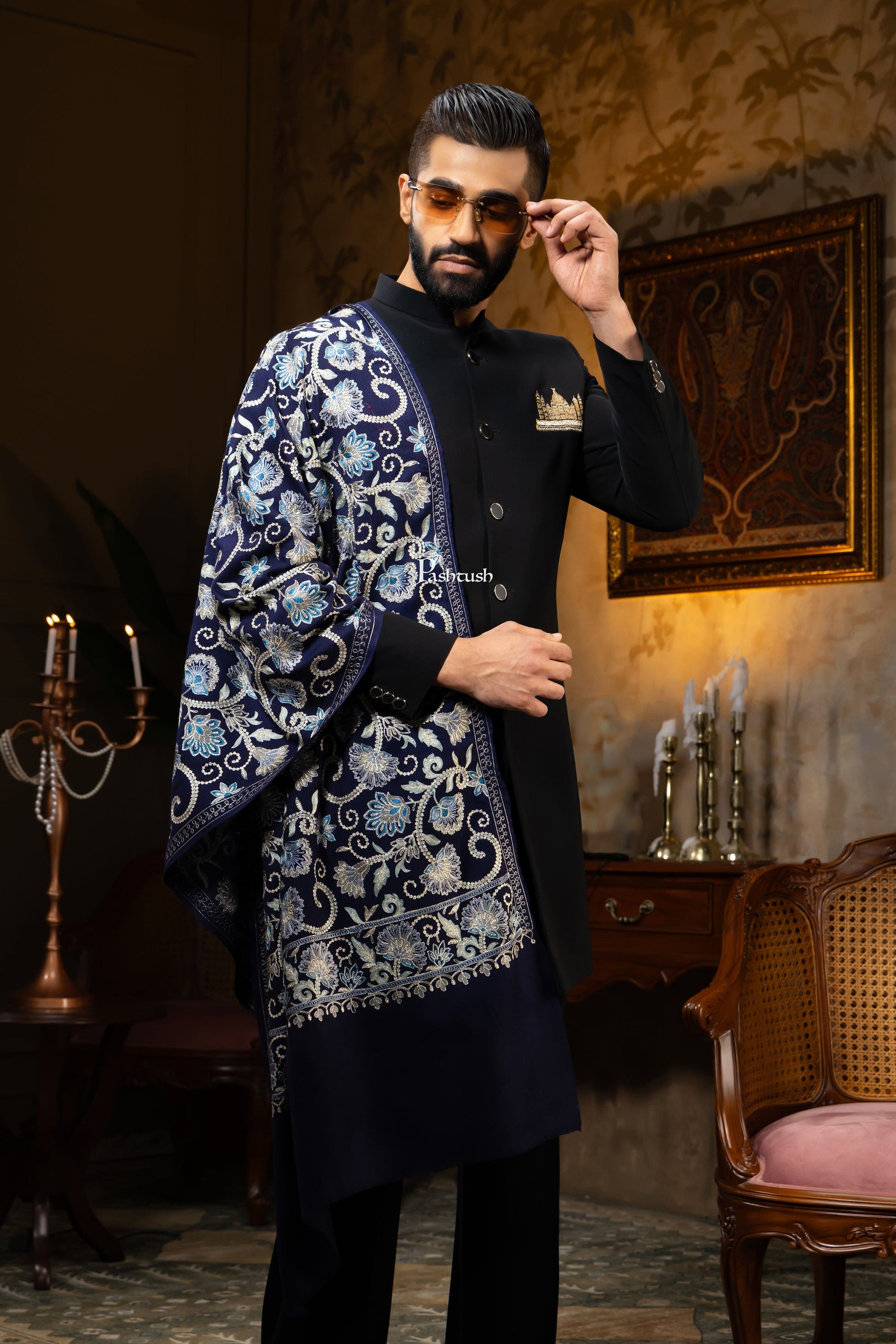 Pashtush India Gift Pack Pashtush His and Her Gift Set of Mens Silk Wool Embroidery Stole and Womens Pure Cashmere Stole, Navy Blue and Ombre, Packaged in Keepsake Wooden Chester Gift Box