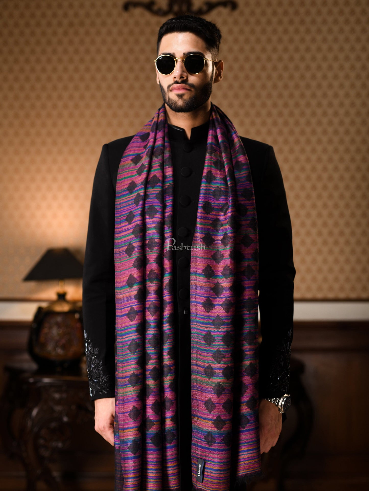 Pashtush India Gift Pack Pashtush His And Her Gift Set Of Pure Wool Reversible Stole And Extra Fine Ethnic Shawl With Wooden Chester Box, Multicolour