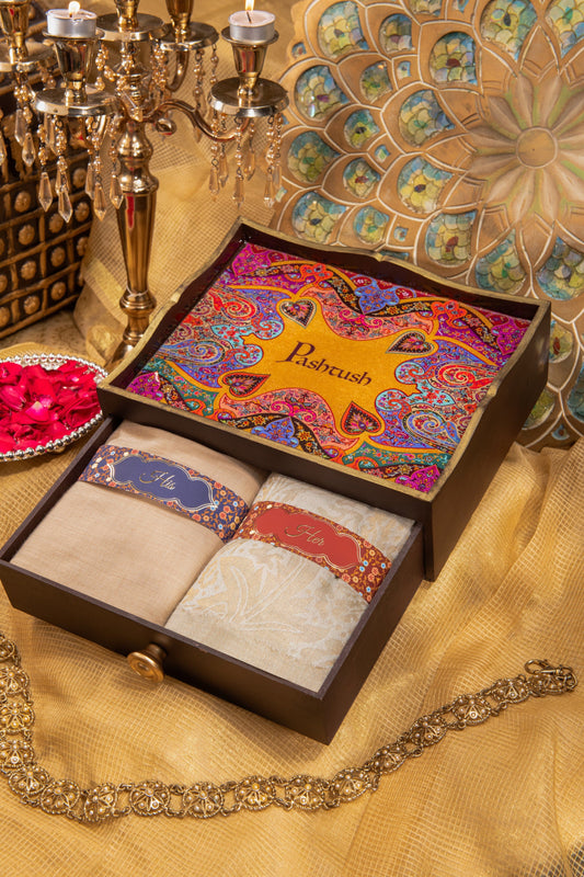 Pashtush India Gift Pack Pashtush His And Her Gift Set Of Pure Wool Ring Shawl And Twilight Metallic Weave Shawl With Wooden Chester Box, Beige and Ivory