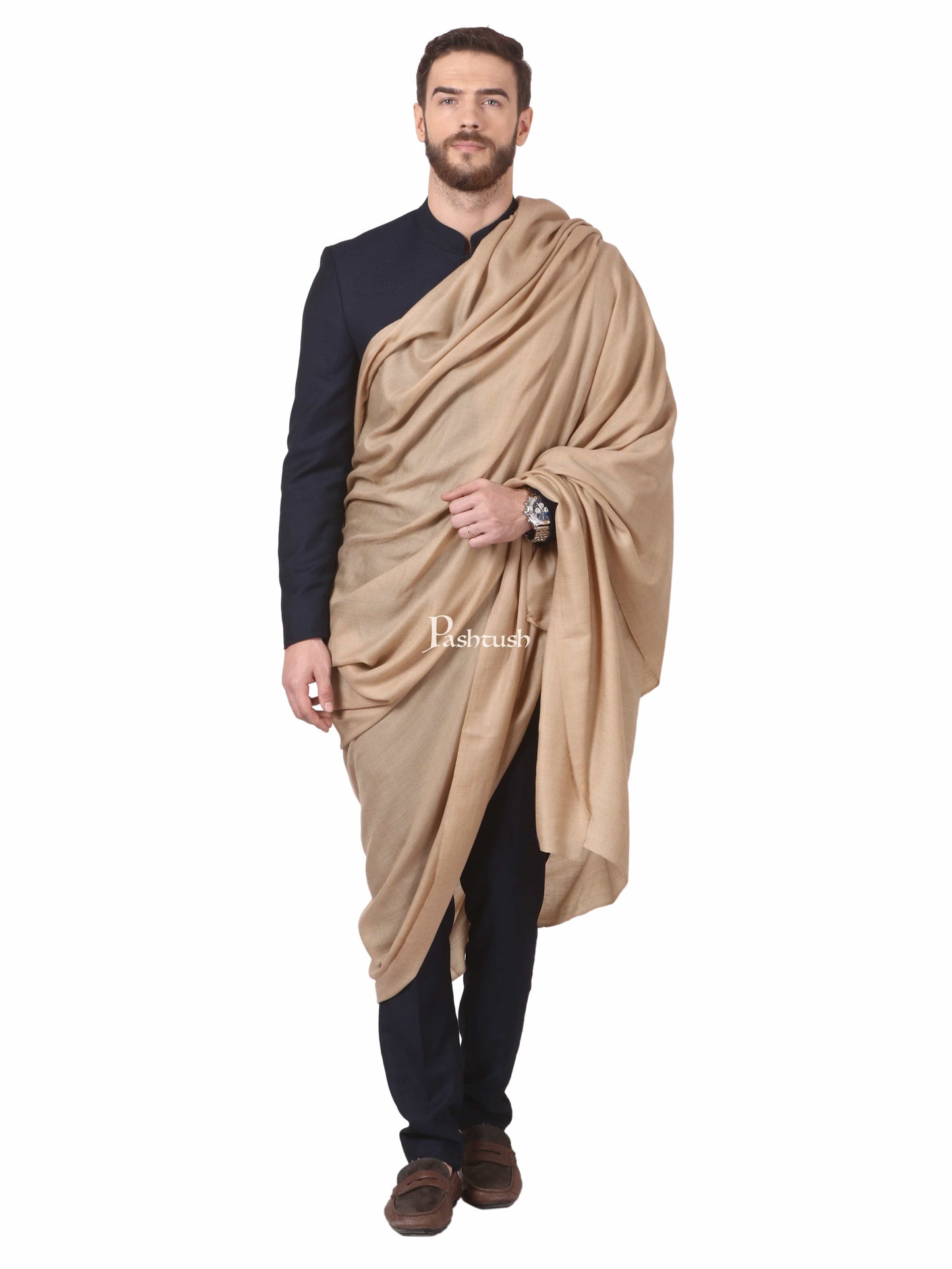Pashtush India Gift Pack Pashtush His And Her Gift Set Of Pure Wool Ring Shawl And Twilight Metallic Weave Shawl With Wooden Chester Box, Beige and Ivory