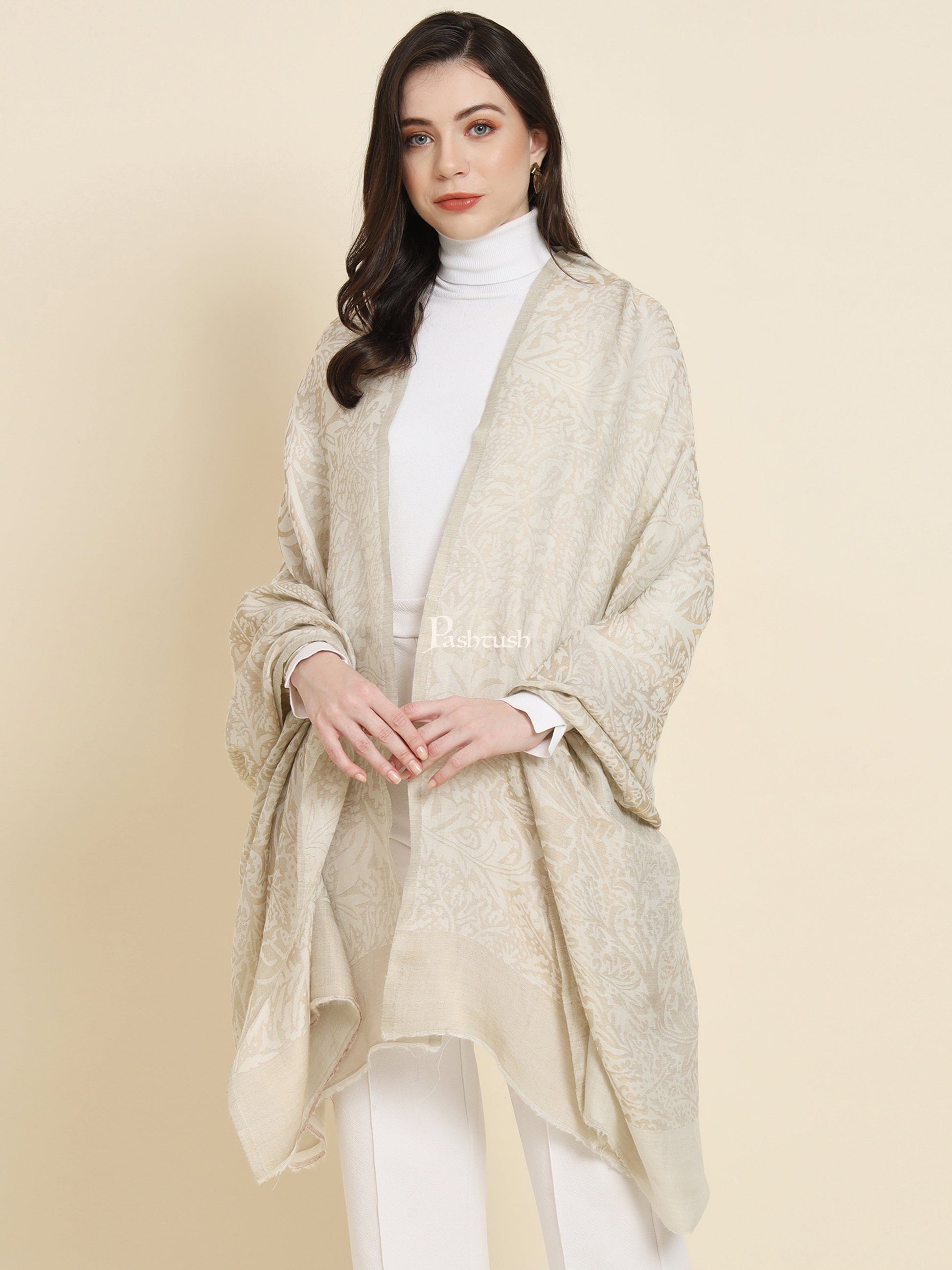 Pashtush India Gift Pack Pashtush His And Her Gift Set Of Pure Wool Ring Shawl And Twilight Metallic Weave Shawl With Wooden Chester Box, Beige and Ivory