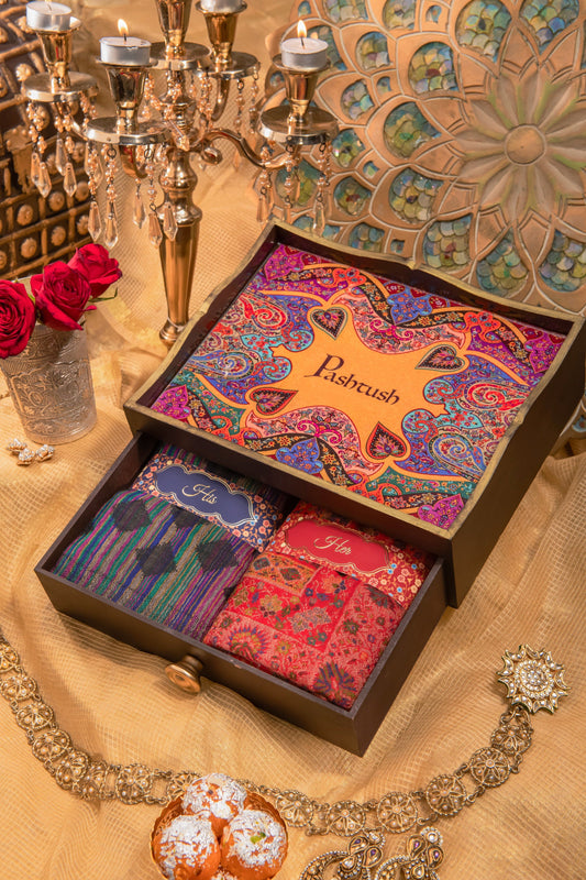 Pashtush India Gift Pack Pashtush His And Her Gift Set Of Pure Wool Stole and Shawl With Wooden Chester Box, Multicolour and Red