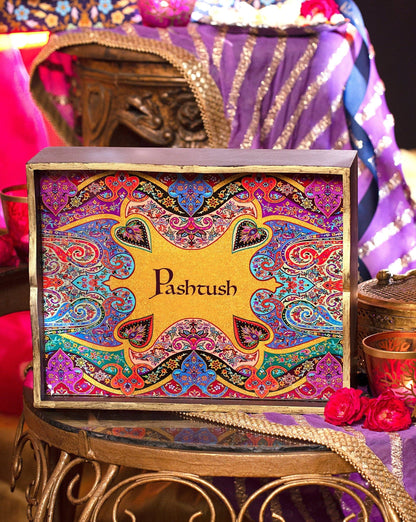 Pashtush India Gift Pack Pashtush His And Her Gift Set Of Pure Wool Stole and Shawl With Wooden Chester Box, Multicolour and Red