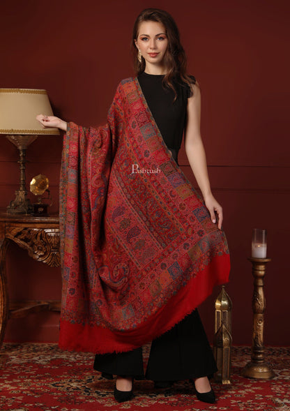 Pashtush India Gift Pack Pashtush His And Her Gift Set Of Pure Wool Stole and Shawl With Wooden Chester Box, Multicolour and Red