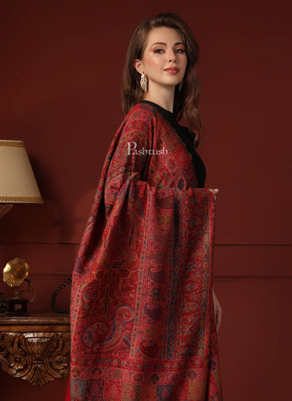 Pashtush India Gift Pack Pashtush His And Her Gift Set Of Pure Wool Stole and Shawl With Wooden Chester Box, Multicolour and Red