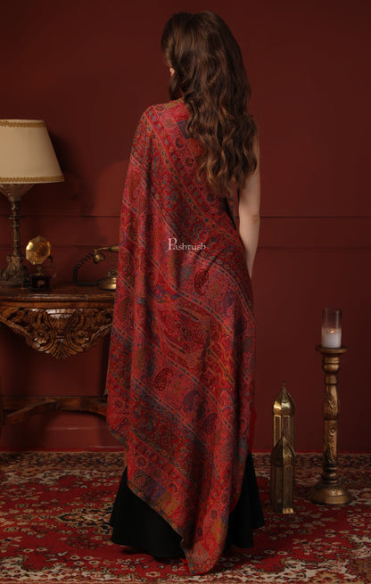 Pashtush India Gift Pack Pashtush His And Her Gift Set Of Pure Wool Stole and Shawl With Wooden Chester Box, Multicolour and Red