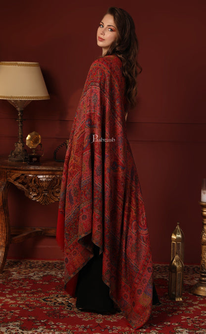Pashtush India Gift Pack Pashtush His And Her Gift Set Of Pure Wool Stole and Shawl With Wooden Chester Box, Multicolour and Red