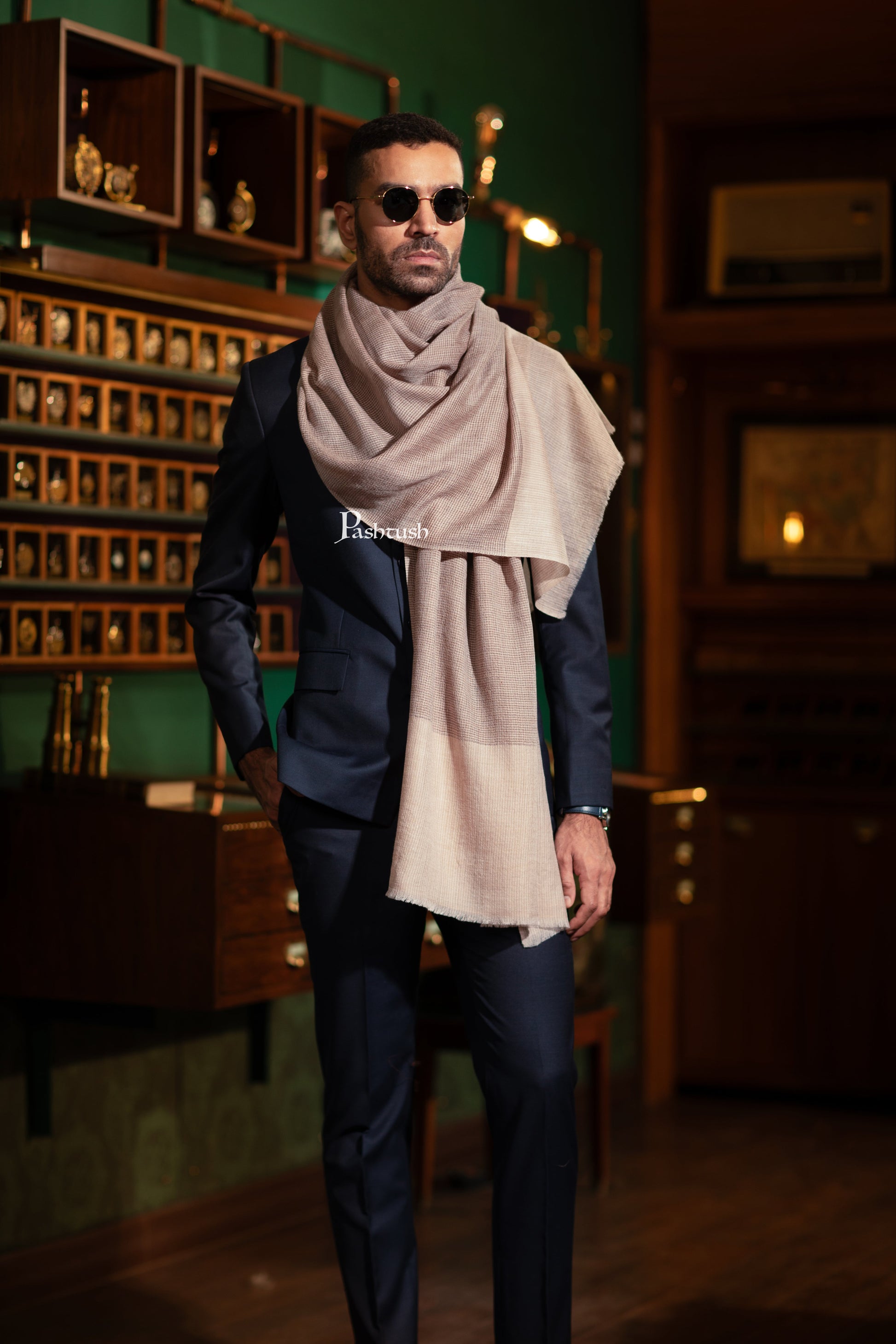 Pashtush India Gift Pack Pashtush His And Her Gift Set Of Silk Wool Stoles With Premium Gift Box Packaging, Houndstooth Weave, Taupe and Soft Pink