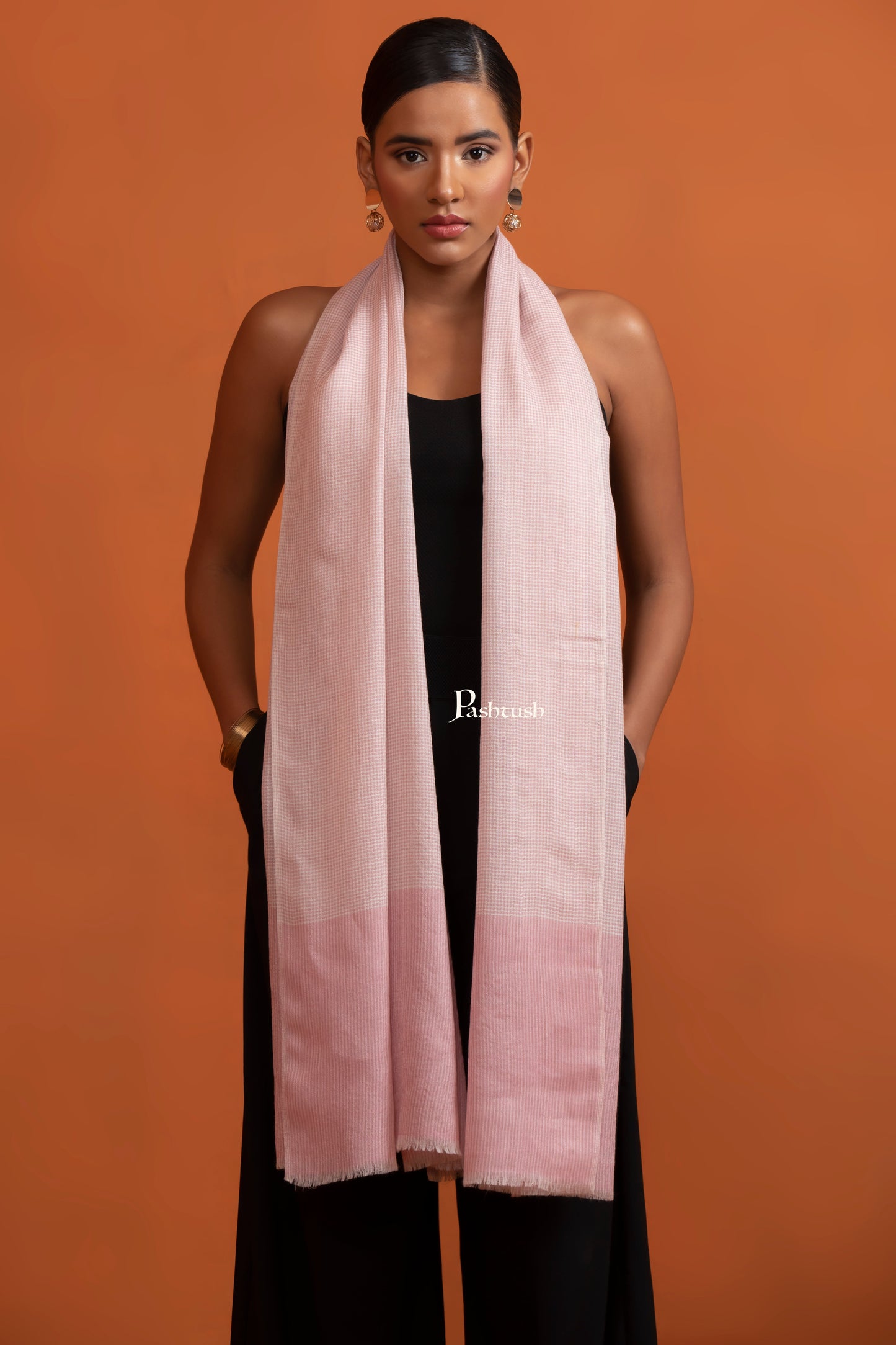 Pashtush India Gift Pack Pashtush His And Her Gift Set Of Silk Wool Stoles With Premium Gift Box Packaging, Houndstooth Weave, Taupe and Soft Pink
