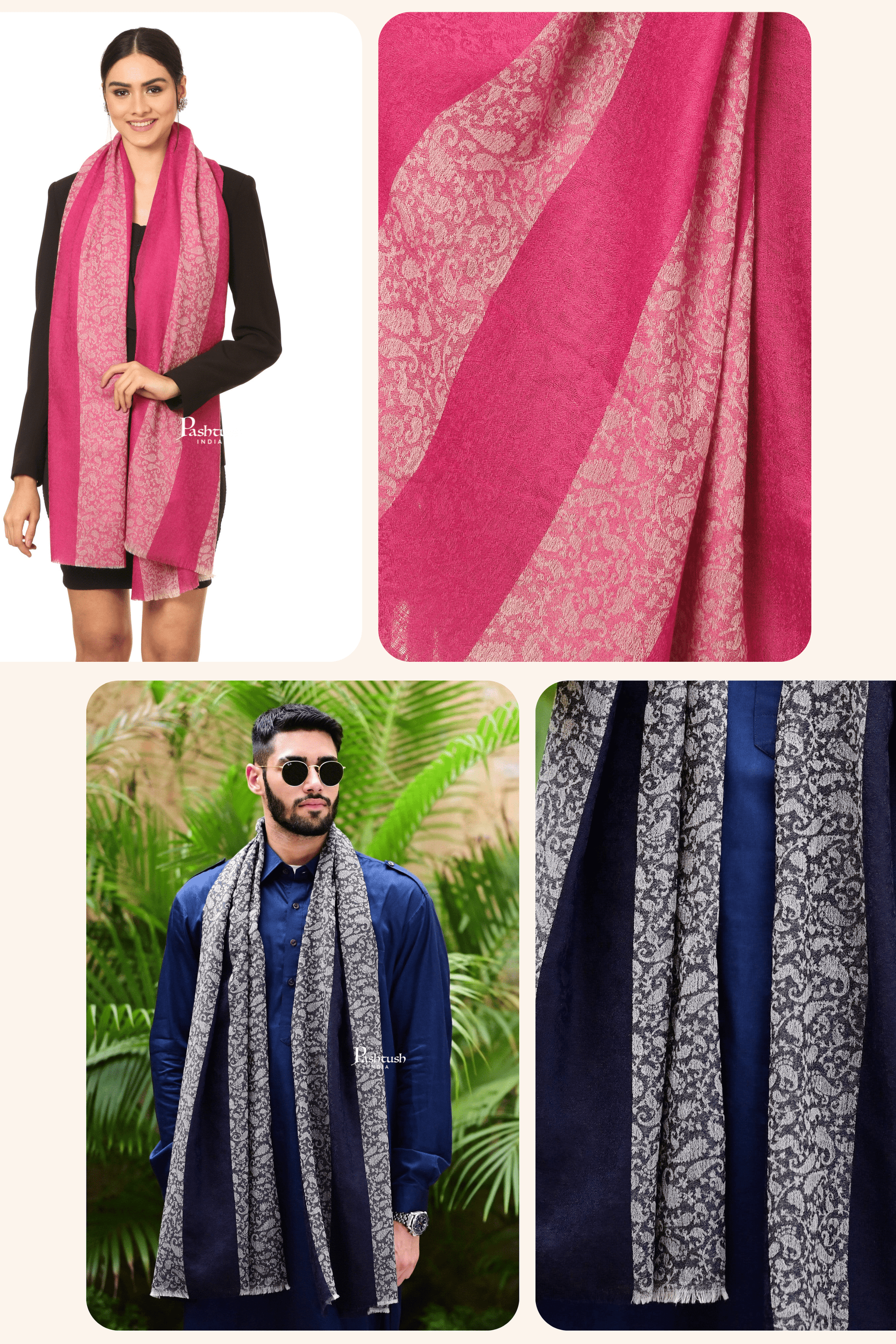 Pashtush India Gift Pack Pashtush His And Her Gift Set Of Striped Design Stoles With Premium Gift Box Packaging, Navy Blue and Pink