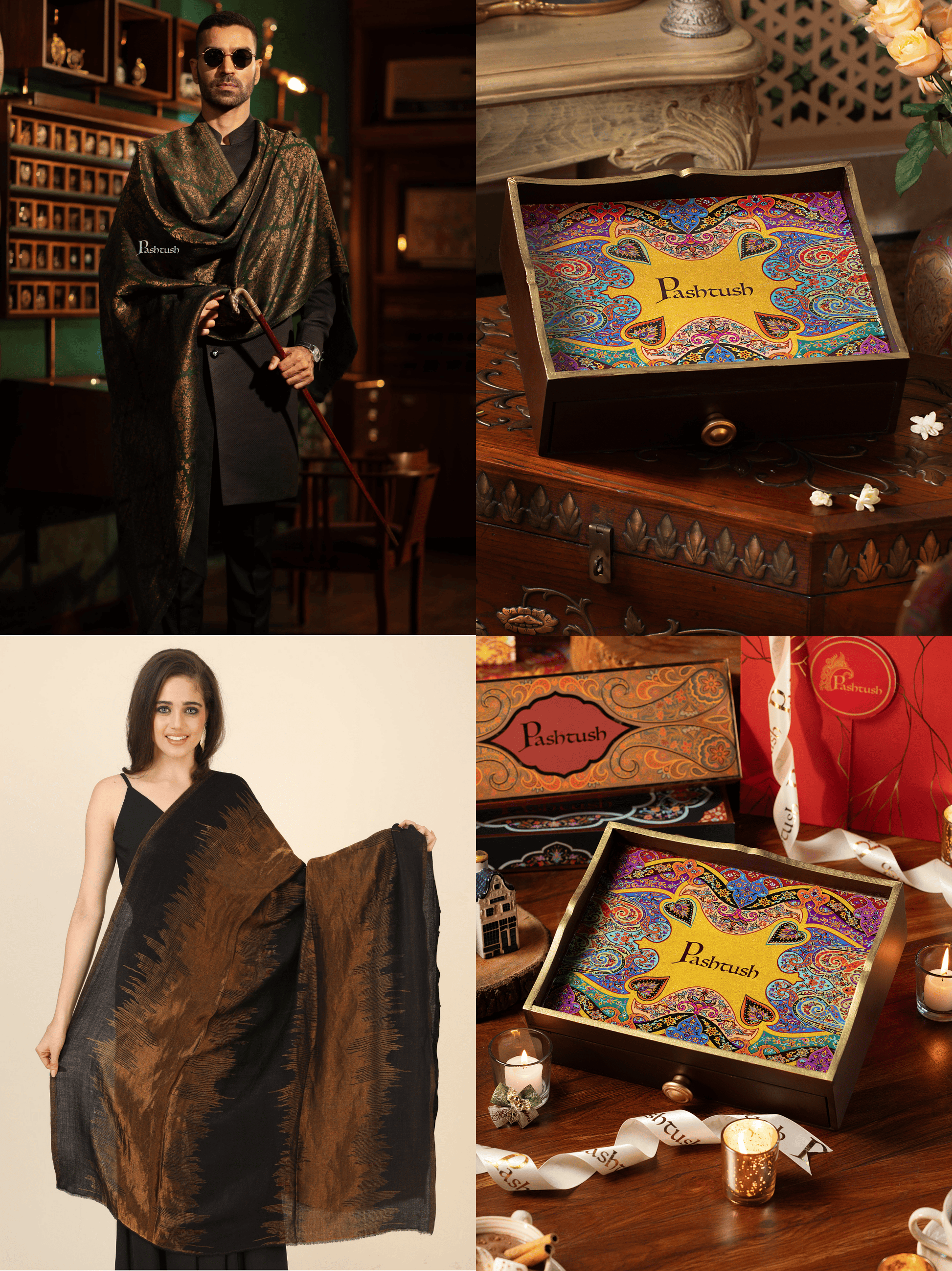 Pashtush India Gift Pack Pashtush His and Her Gift Set of Twilight Stole and Shawl, Emerald Green and Black, Packaged in Keepsake Wooden Chester Gift Box