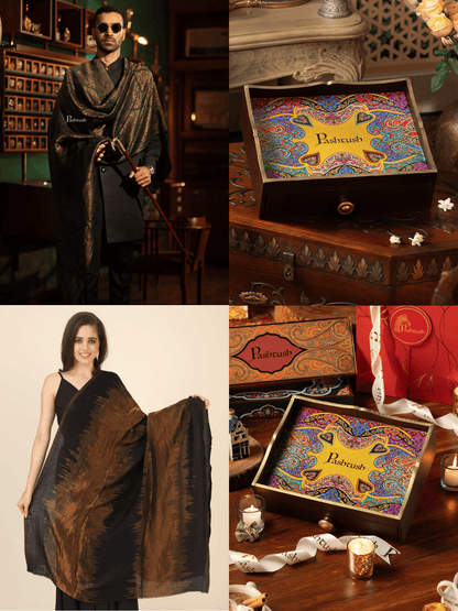 Pashtush India Gift Pack Pashtush His and Her Gift Set of Twilight Stole and Shawl, Emerald Green and Black, Packaged in Keepsake Wooden Chester Gift Box