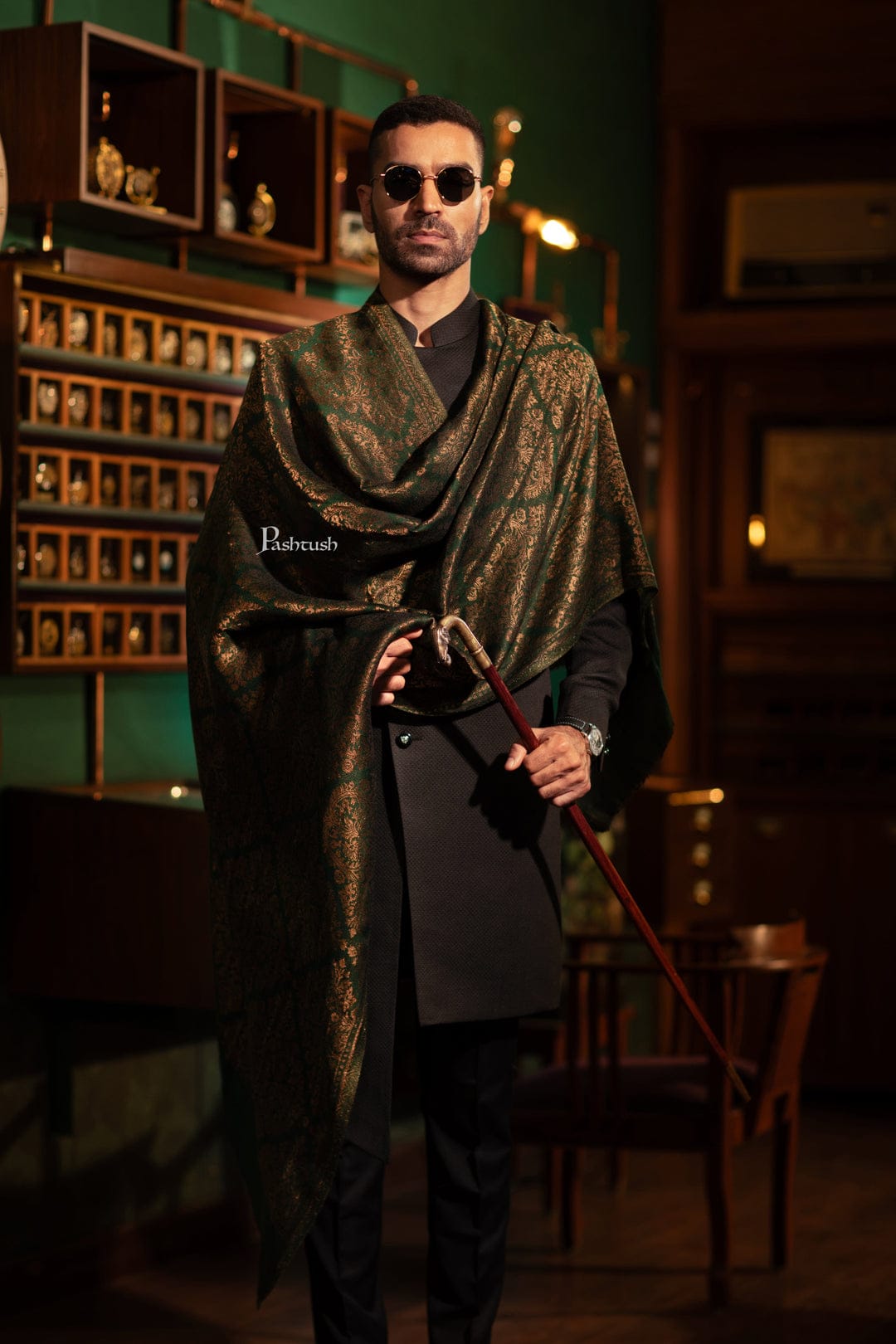 Pashtush India Gift Pack Pashtush His and Her Gift Set of Twilight Stole and Shawl, Emerald Green and Black, Packaged in Keepsake Wooden Chester Gift Box