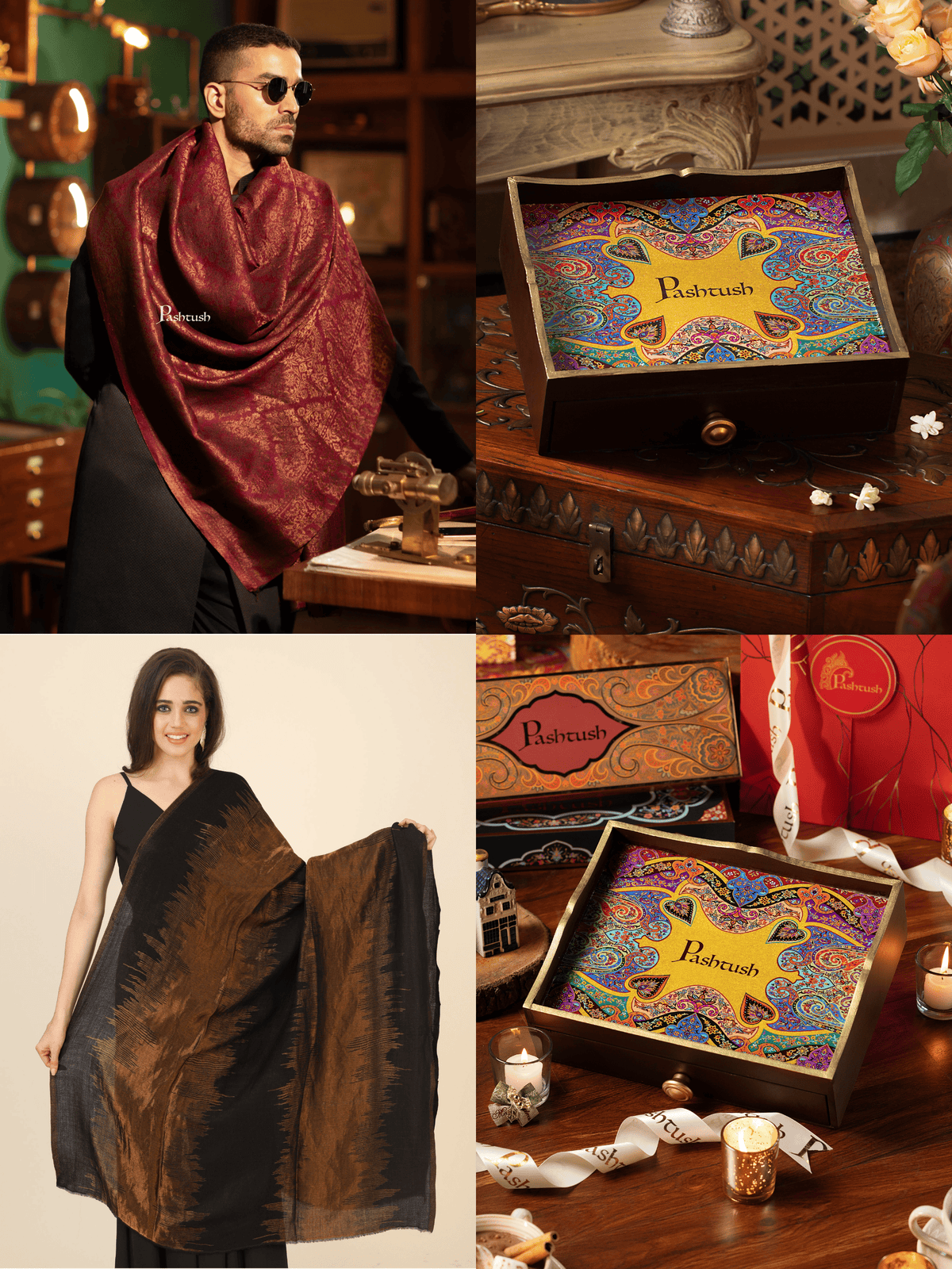 Pashtush India Gift Pack Pashtush His and Her Gift Set of Twilight Stole and Shawl, Maroon and Black, Packaged in Keepsake Wooden Chester Gift Box