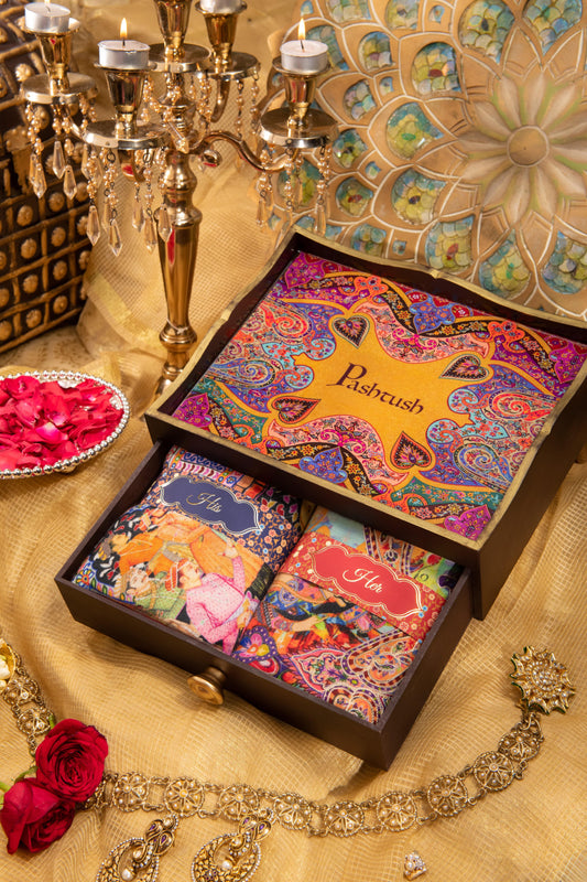 Pashtush India Gift Pack Pashtush His And Her Set Of 100% Pure Wool Printed Stole and Shawl With Wooden Chester Box, Multicolour