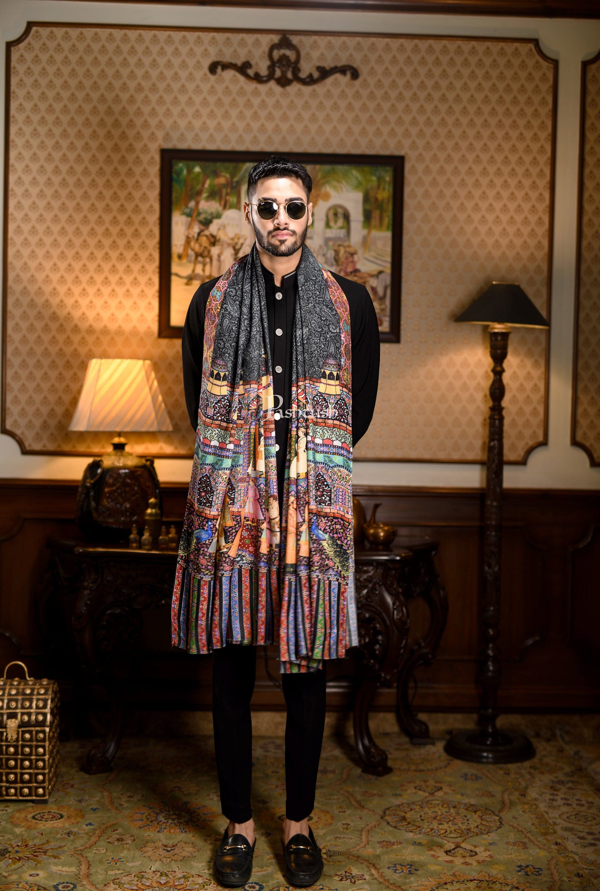 Pashtush India Gift Pack Pashtush His And Her Set Of 100% Pure Wool Printed Stole and Shawl With Wooden Chester Box, Multicolour