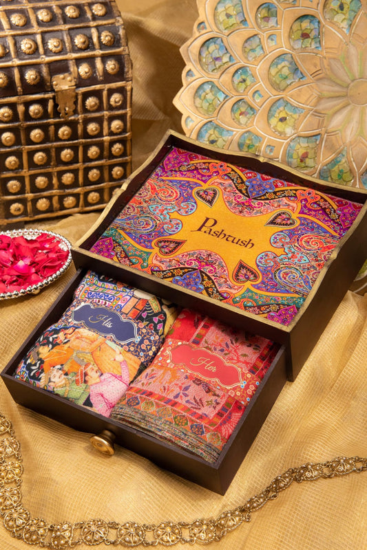 Pashtush India Gift Pack Pashtush His And Her Set Of 100% Pure Wool Printed Stole and Shikaardar Shawl With Wooden Chester Box, Multicolour and Red