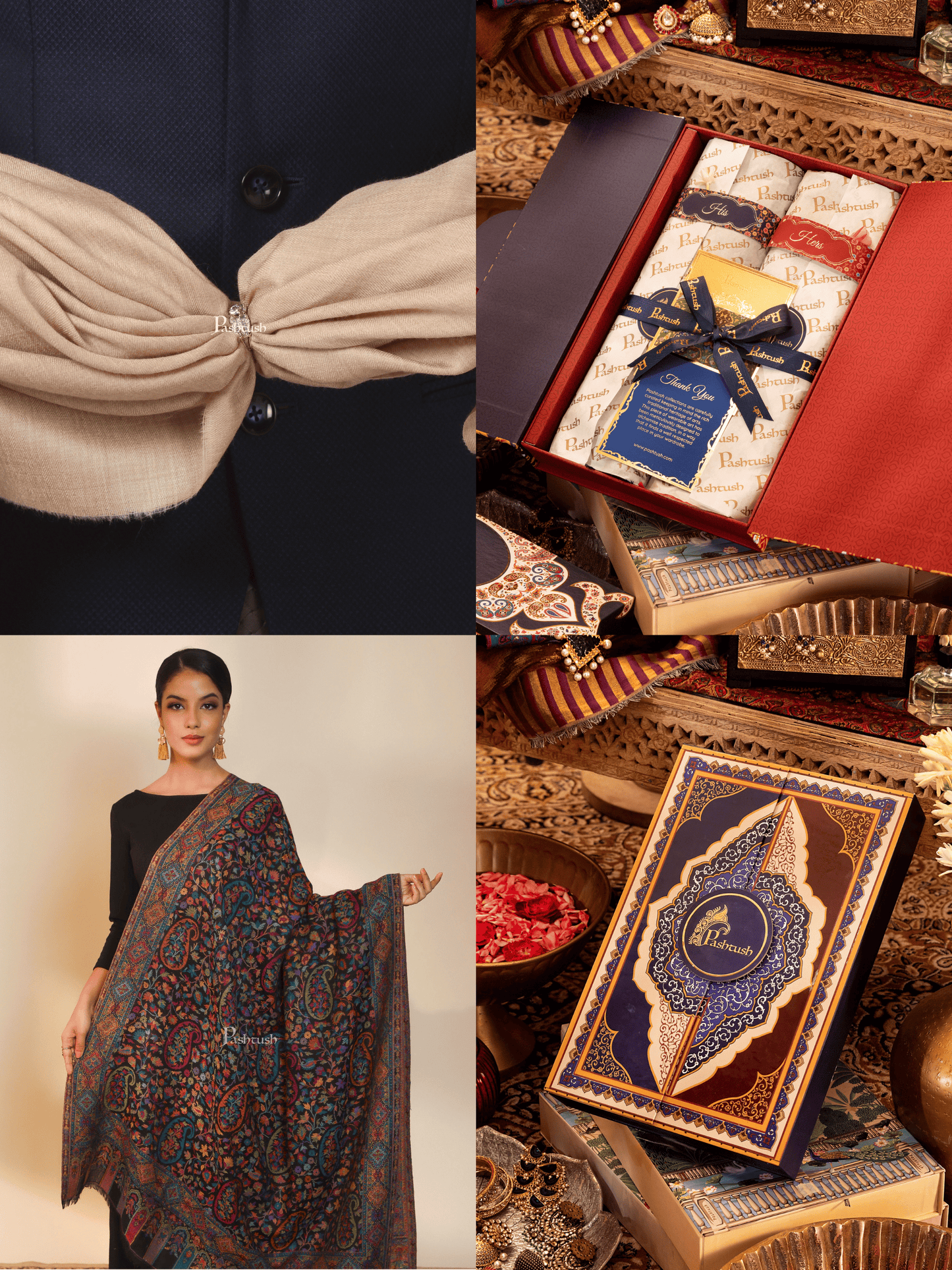 Pashtush India Gift Pack Pashtush His And Her Set Of 100% Pure Wool Shawls, Premium Gift Box Packaging, Beige and Black
