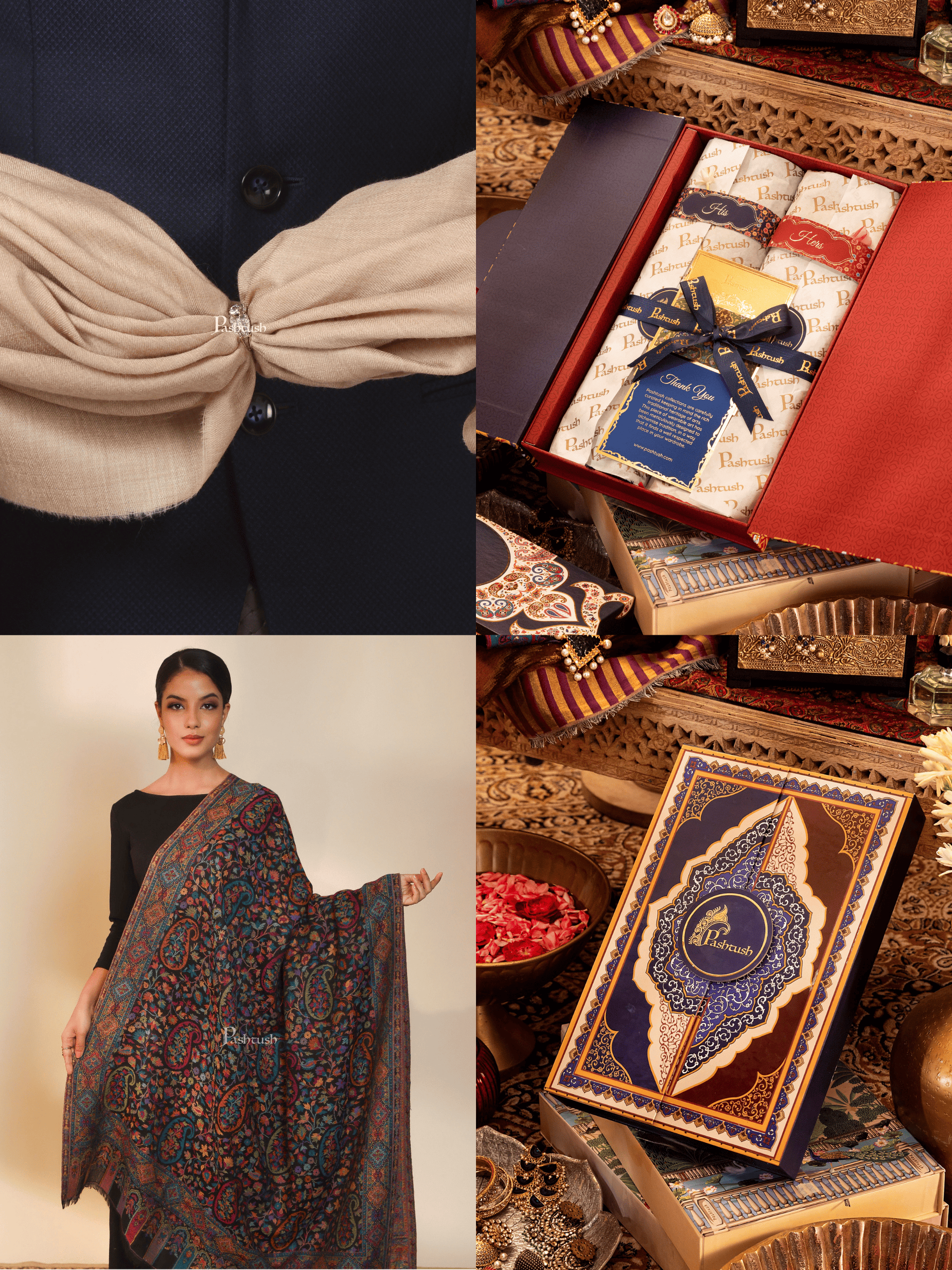 Pashtush India Gift Pack Pashtush His And Her Set Of 100% Pure Wool Shawls, Premium Gift Box Packaging, Beige and Black