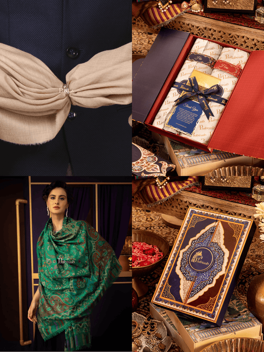 Pashtush India Gift Pack Pashtush His And Her Set Of 100% Pure Wool Shawls, Premium Gift Box Packaging, Beige and Emerald Green