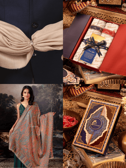 Pashtush India Gift Pack Pashtush His And Her Set Of 100% Pure Wool Shawls, Premium Gift Box Packaging, Beige and Multicolour