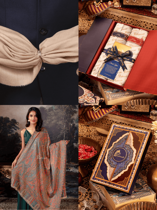 Pashtush India Gift Pack Pashtush His And Her Set Of 100% Pure Wool Shawls, Premium Gift Box Packaging, Beige and Multicolour