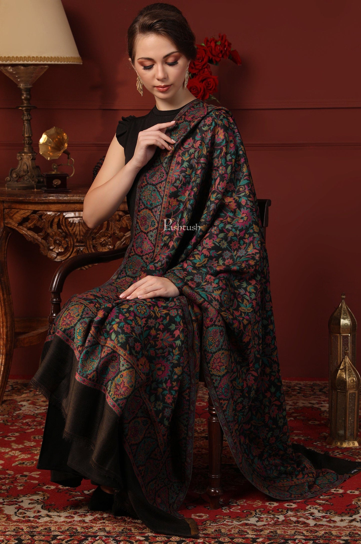 Pashtush India Gift Pack Pashtush His And Her Set Of 100% Pure Wool Shawls, Premium Gift Box Packaging, Taupe and Black