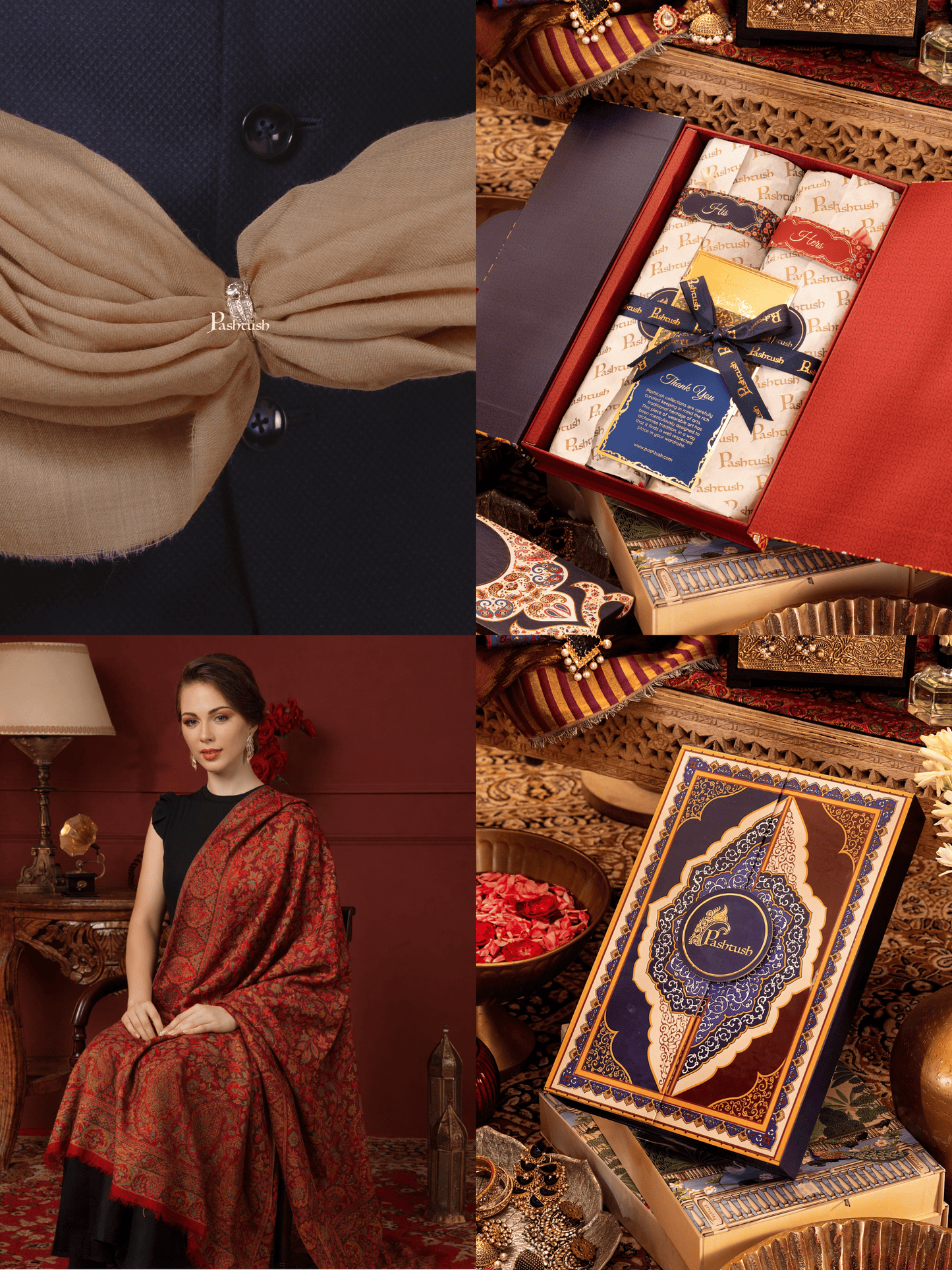 Pashtush India Gift Pack Pashtush His And Her Set Of 100% Pure Wool Shawls, Premium Gift Box Packaging, Taupe and Maroon