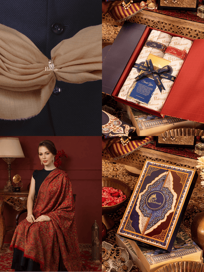 Pashtush India Gift Pack Pashtush His And Her Set Of 100% Pure Wool Shawls, Premium Gift Box Packaging, Taupe and Maroon