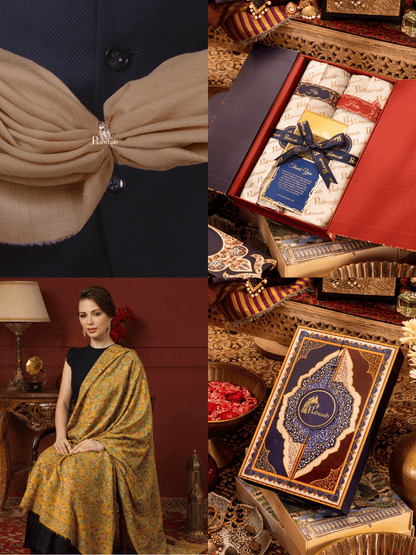 Pashtush India Gift Pack Pashtush His And Her Set Of 100% Pure Wool Shawls, Premium Gift Box Packaging, Taupe and Mustard