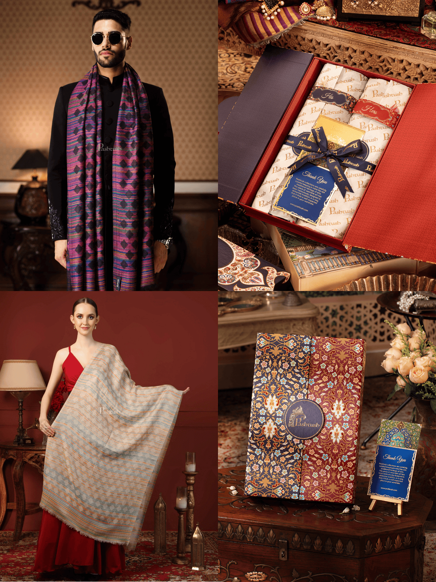 Pashtush India Gift Pack Pashtush His And Her Set Of 100% Pure Wool Stoles, Premium Gift Box Packaging, Multicoloured