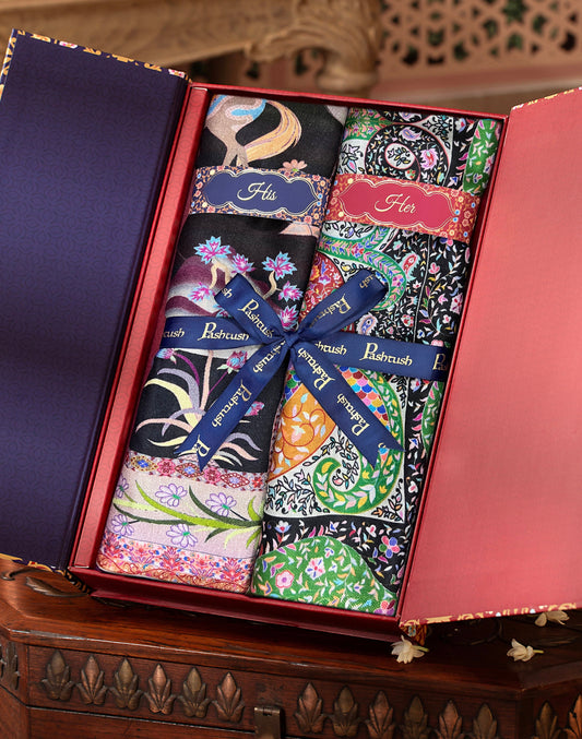 Pashtush India Gift Pack Pashtush His And Her Set Of Bamboo Stoles, Premium Gift Box Packaging, Black and Multicolour