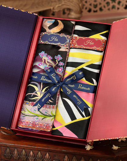 Pashtush India Gift Pack Pashtush His And Her Set Of Bamboo Stoles, Premium Gift Box Packaging, Black and Multicolour