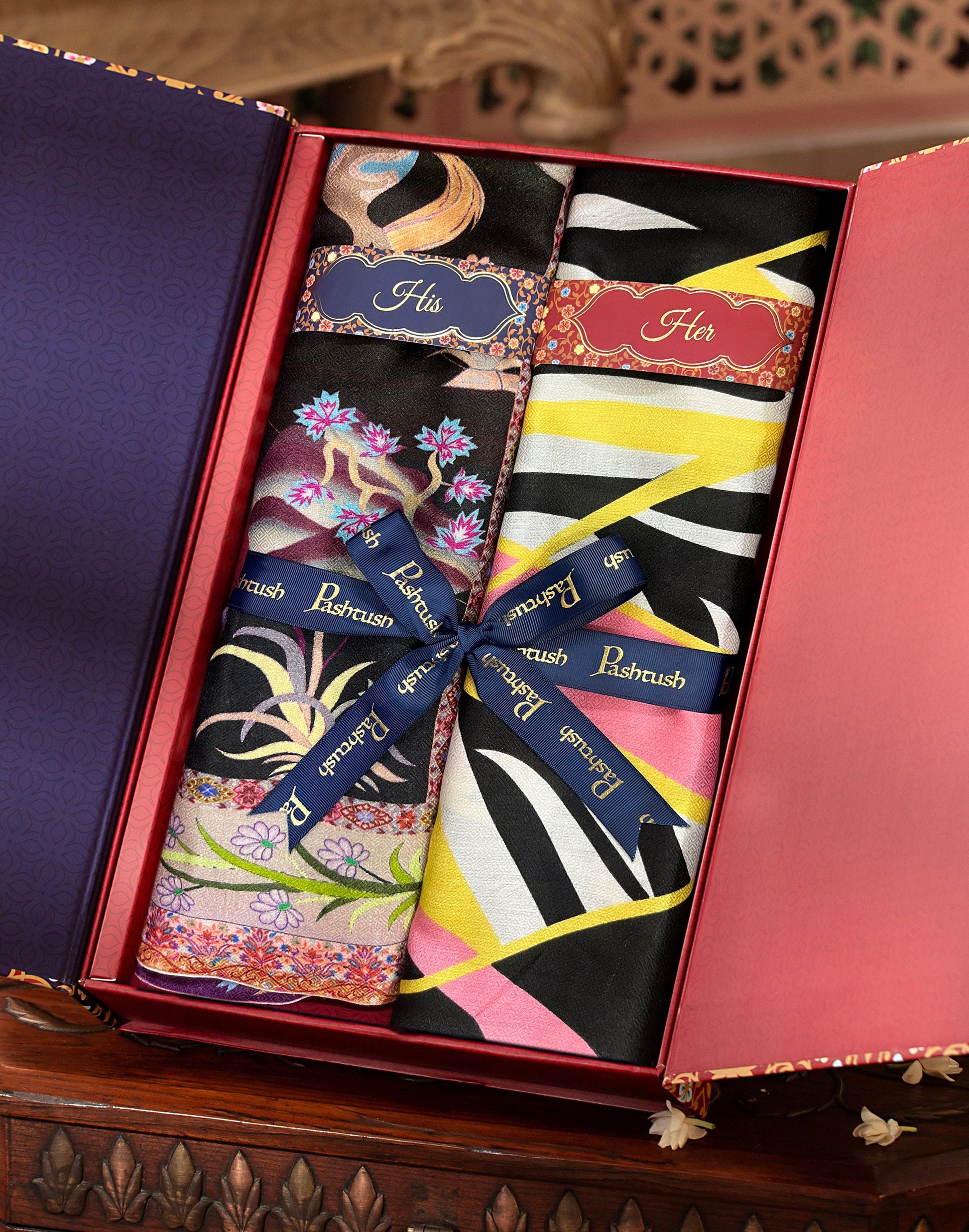 Pashtush India Gift Pack Pashtush His And Her Set Of Bamboo Stoles, Premium Gift Box Packaging, Black and Multicolour