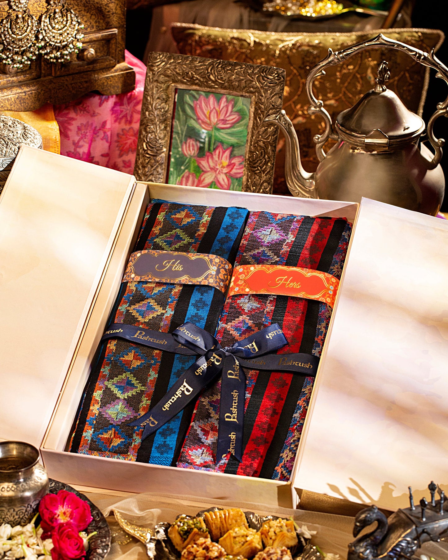 Pashtush India Gift Pack Pashtush His And Her Set Of Bamboo Weave Stoles With Premium Gift Box Packaging, Blue and Red