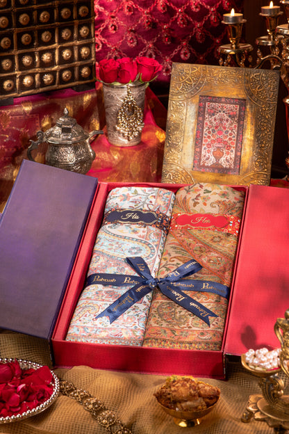 Pashtush India Gift Pack Pashtush His And Her Set Of Bamboo Woven Ethnic Stoles With Premium Gift Box Packaging, Ivory and Beige
