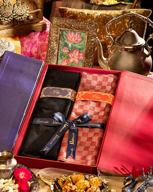 Pashtush India Gift Pack Pashtush His And Her Set Of Checkered Fine Wool Stoles With Premium Gift Box Packaging, Black and Maroon