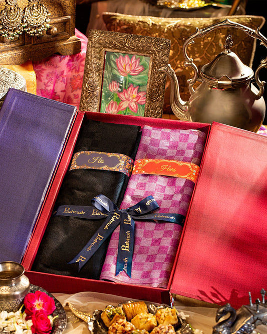Pashtush India Gift Pack Pashtush His And Her Set Of Checkered Fine Wool Stoles With Premium Gift Box Packaging, Black and Pink