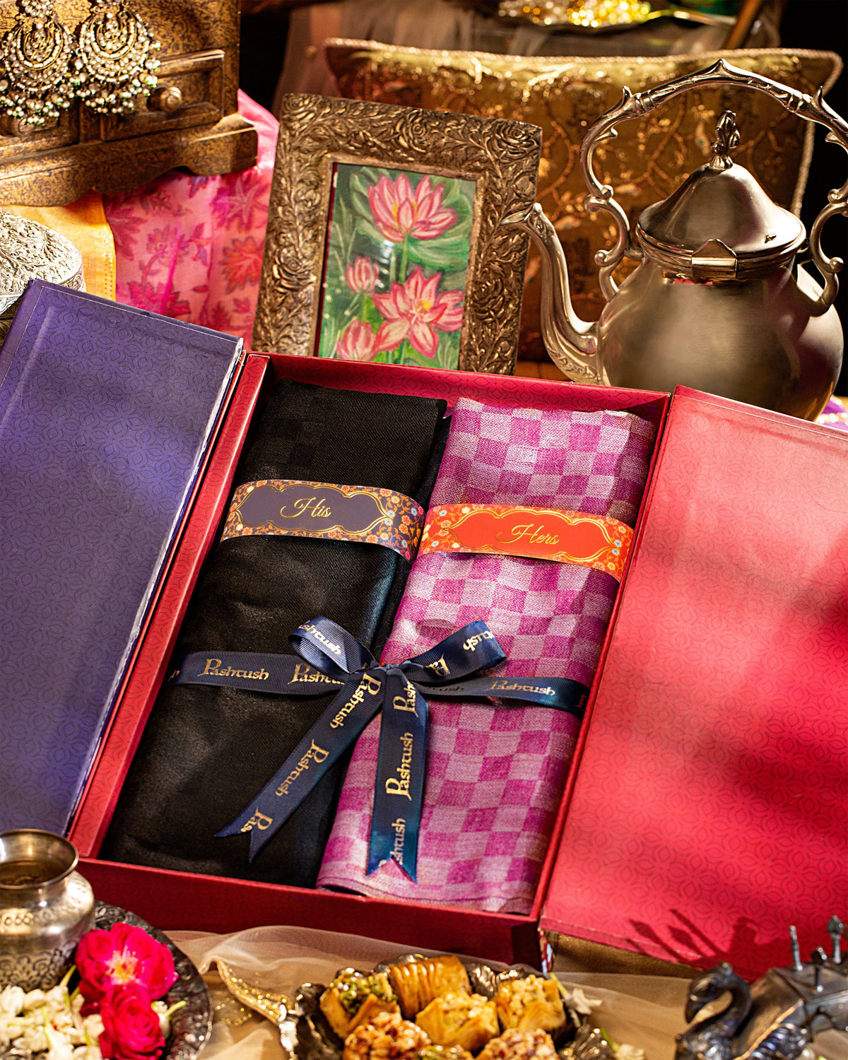 Pashtush India Gift Pack Pashtush His And Her Set Of Checkered Fine Wool Stoles With Premium Gift Box Packaging, Black and Pink