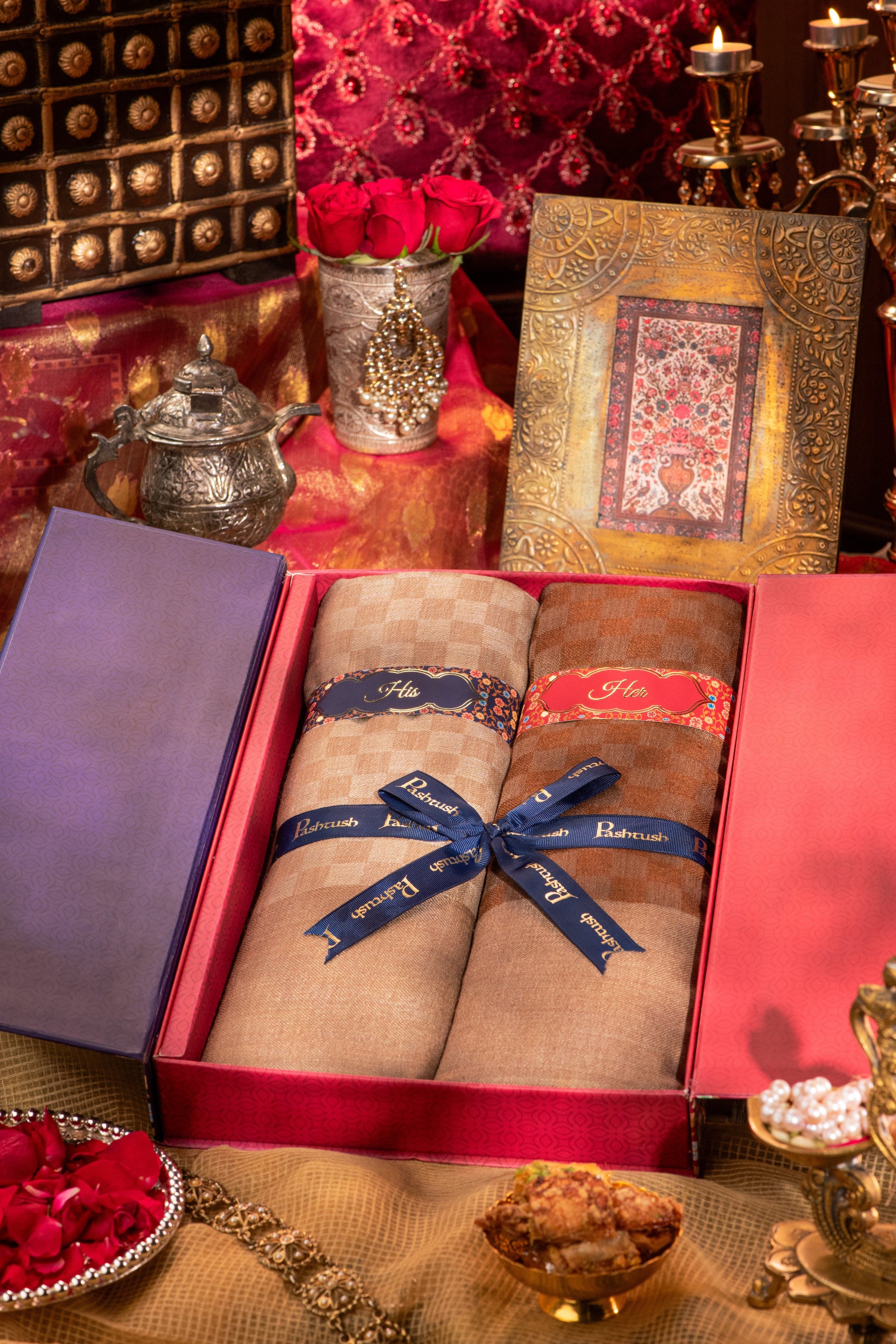 Pashtush India Gift Pack Pashtush His And Her Set Of Checkered Stoles With Premium Gift Box Packaging, Beige and Rich Coffee