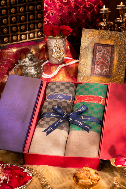 Pashtush India Gift Pack Pashtush His And Her Set Of Checkered Stoles With Premium Gift Box Packaging, Black and Bottle Green