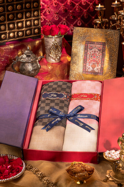 Pashtush India Gift Pack Pashtush His And Her Set Of Checkered Stoles With Premium Gift Box Packaging, Black And Powder Pink