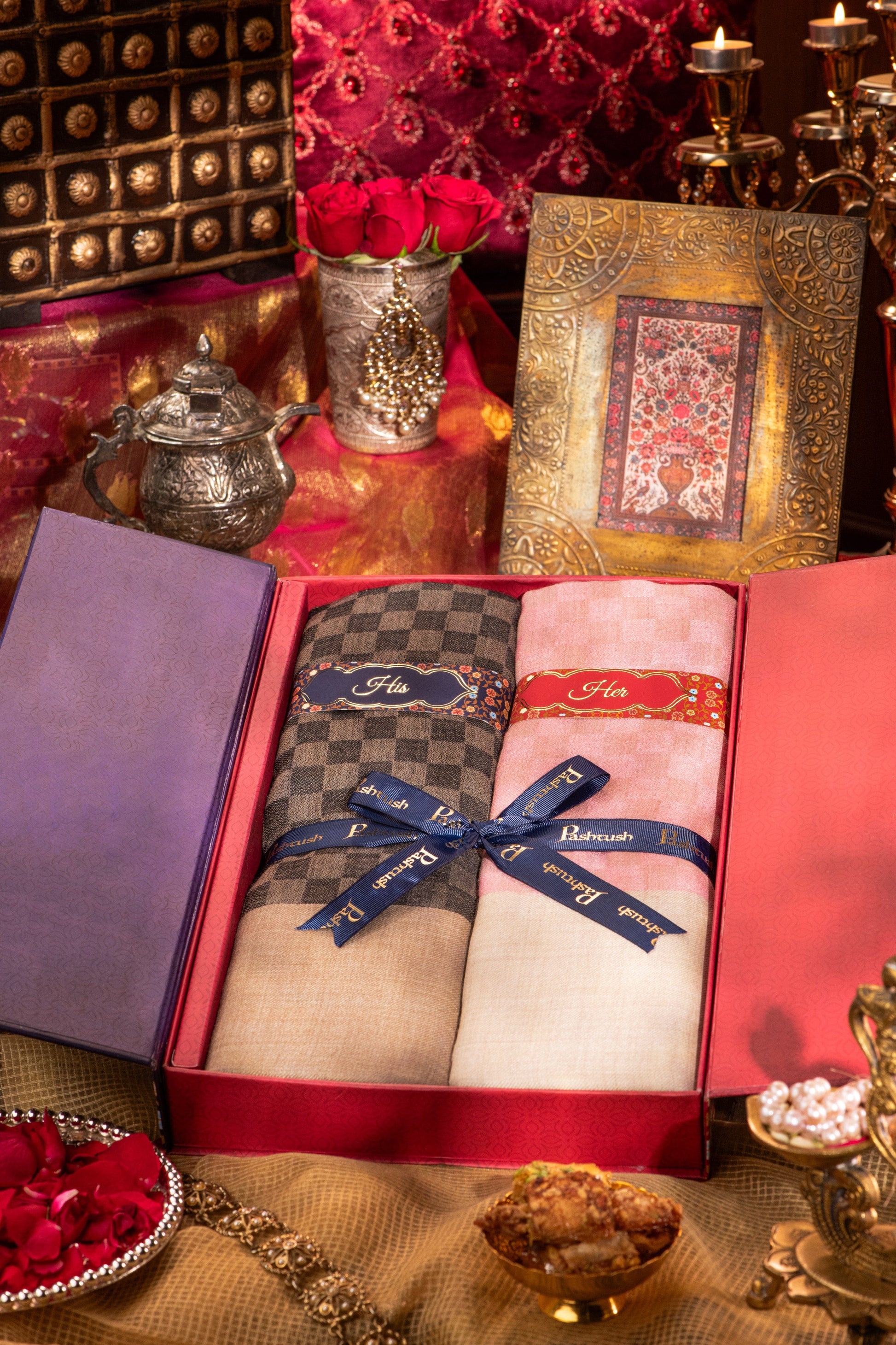Pashtush India Gift Pack Pashtush His And Her Set Of Checkered Stoles With Premium Gift Box Packaging, Black And Powder Pink