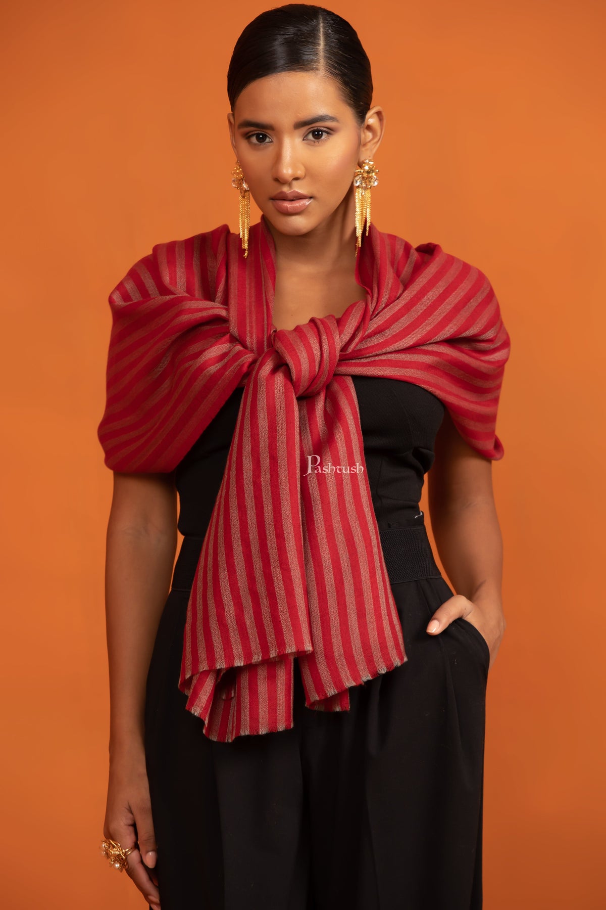 Pashtush India Gift Pack Pashtush His and Her Set of Fine Silk Wool Stoles with Premium Gift Box Packaging, Black and Crimson