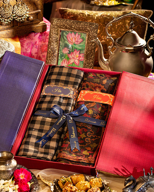 Pashtush India Gift Pack Pashtush His And Her Set Of Fine Wool Check Shawl and Ethnic Weave Palla Shawl With Premium Gift Box Packaging, Black