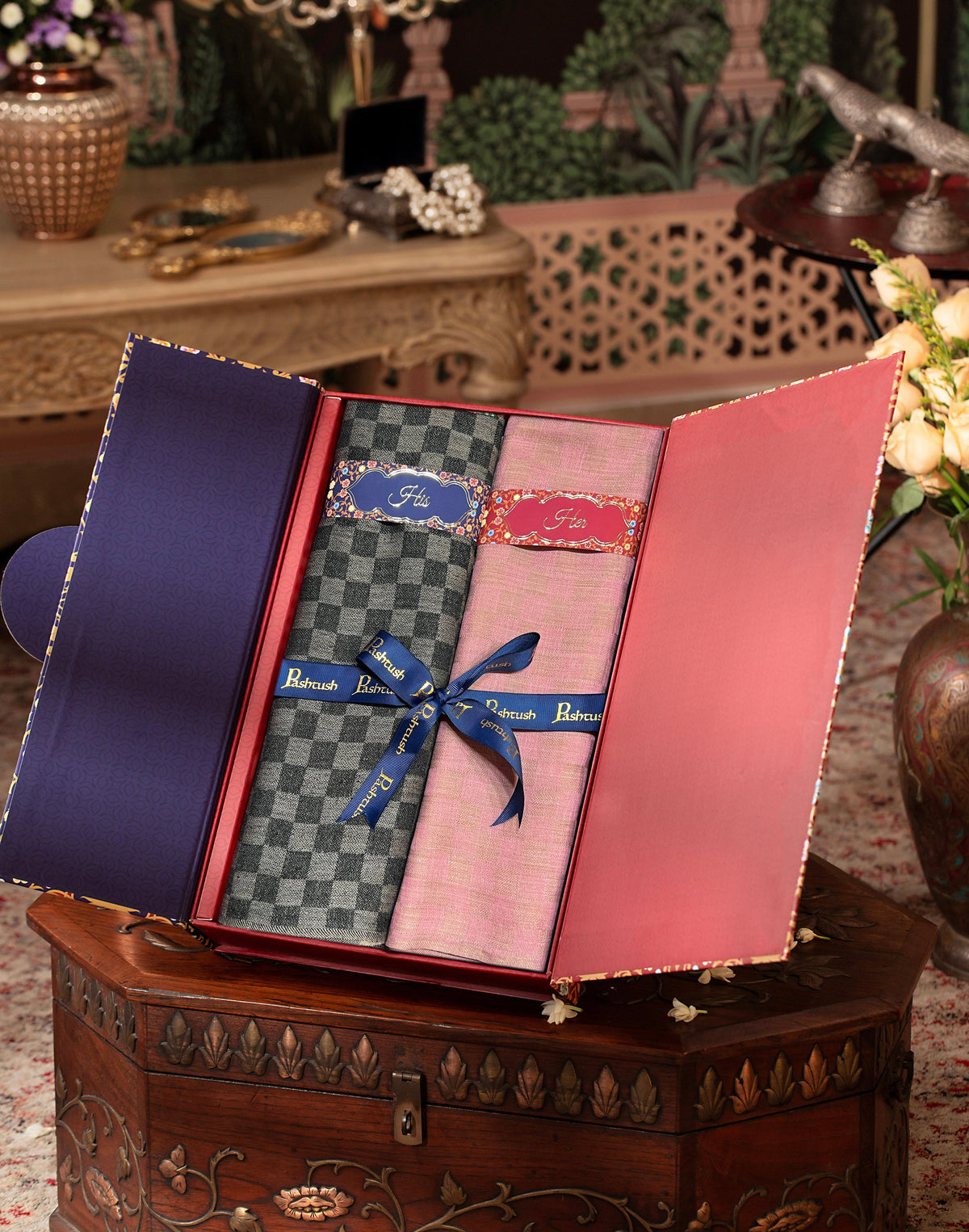 Pashtush India Gift Pack Pashtush His And Her Set Of Fine Wool Checkerd Stoles, Premium Gift Box Packaging, Black & Powder Pink