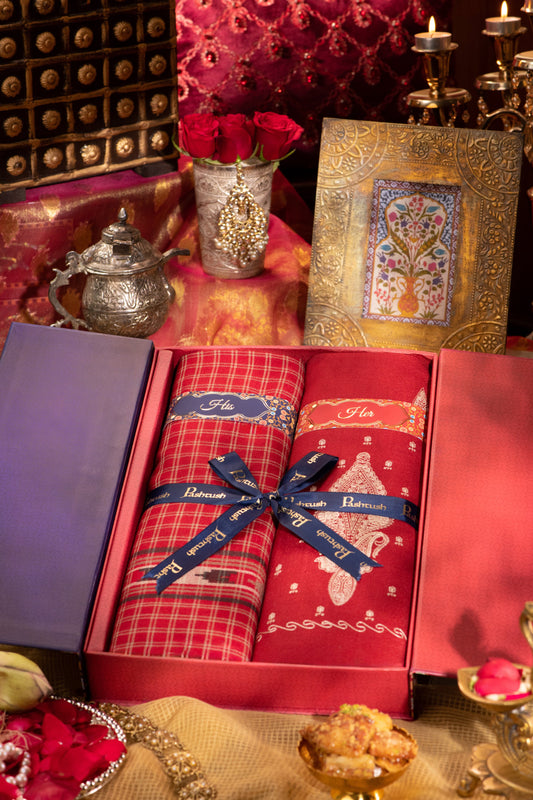 Pashtush India Gift Pack Pashtush His And Her Set Of Fine Wool Checkered Stole and Embroidery Shawl With Premium Gift Box Packaging, Red and Maroon
