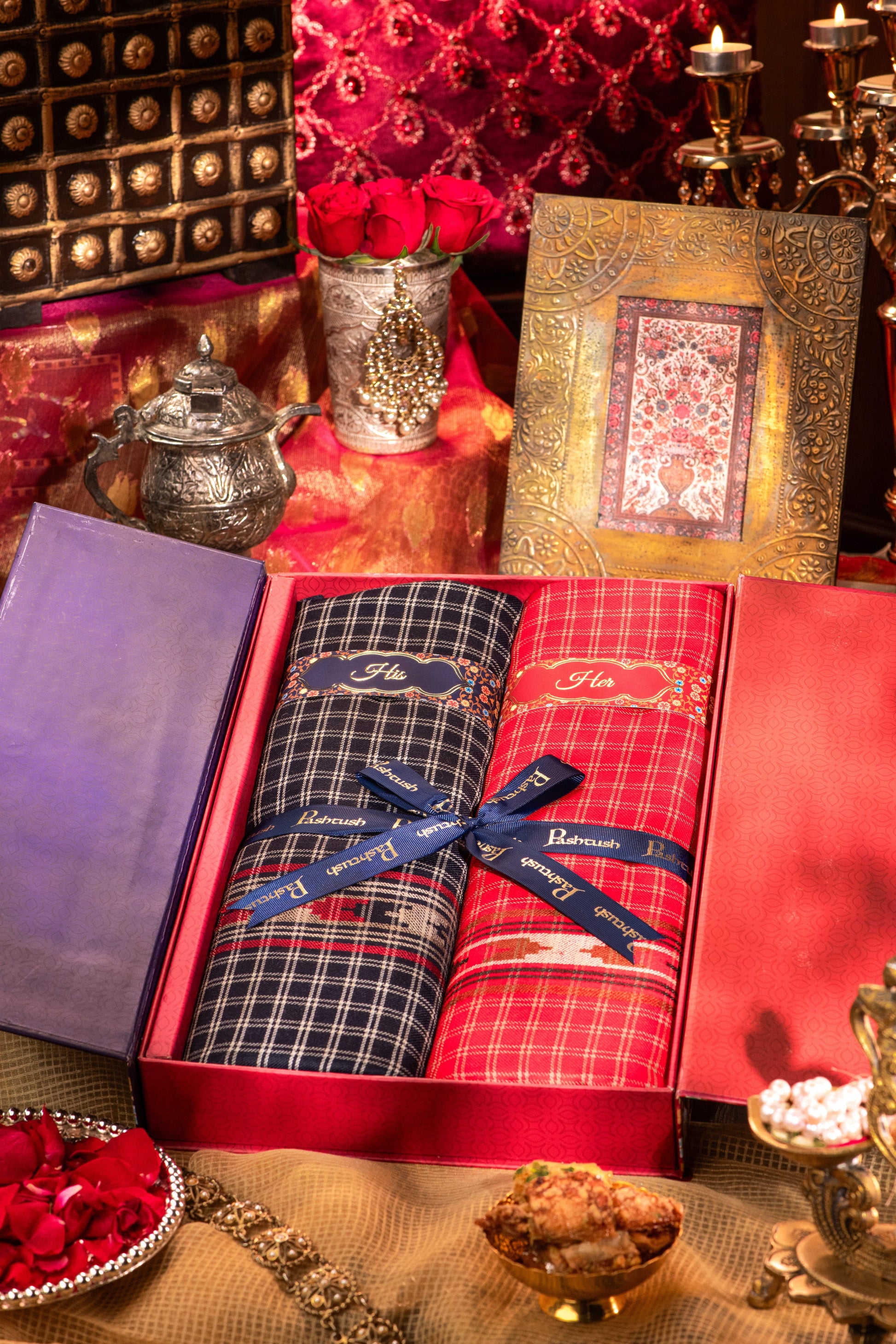 Pashtush India Gift Pack Pashtush His And Her Set Of Fine Wool Checkered Stole and Shawl With Premium Gift Box Packaging, Black and Red