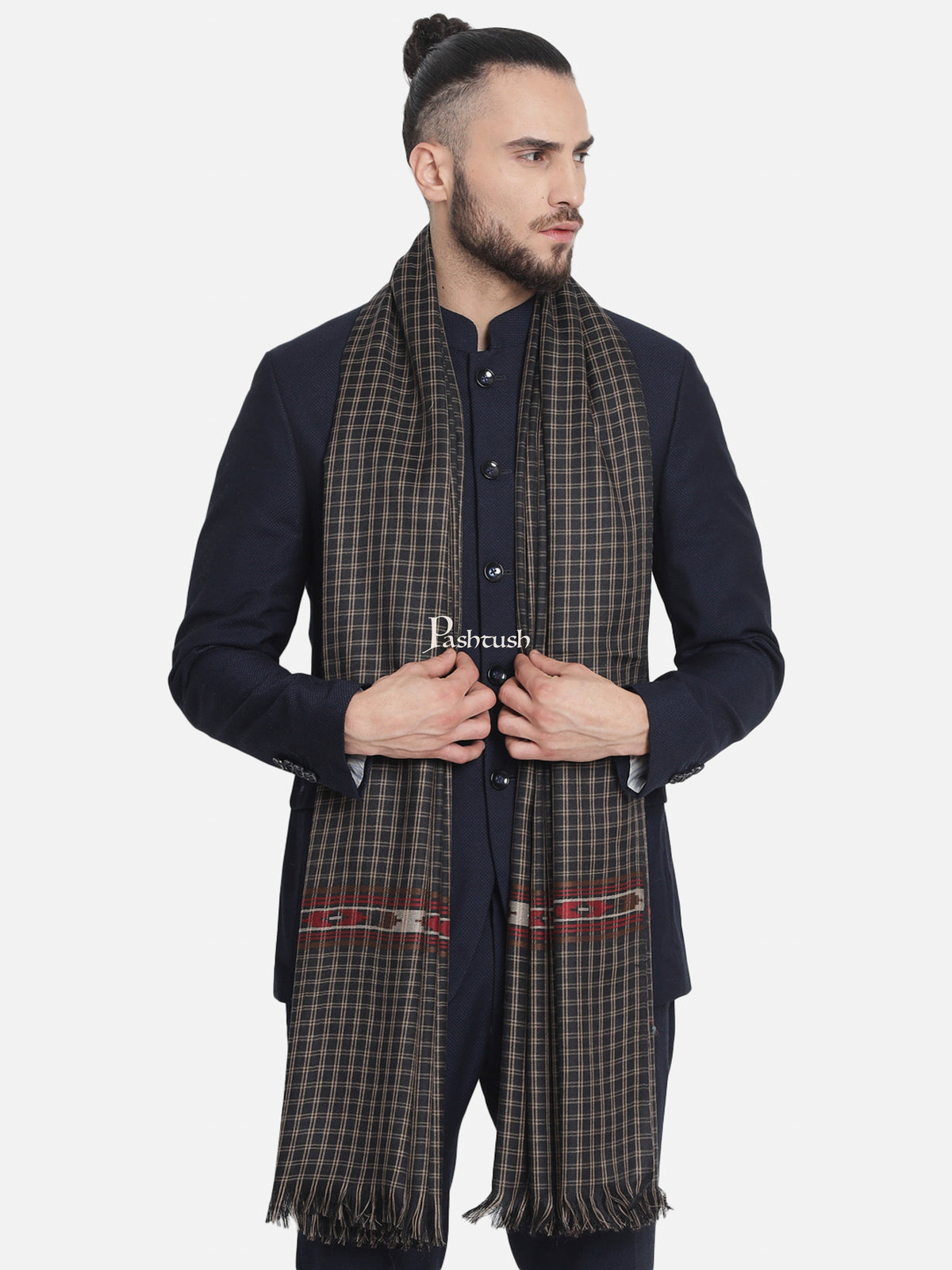 Pashtush India Gift Pack Pashtush His And Her Set Of Fine Wool Checkered Stole and Shawl With Premium Gift Box Packaging, Black and Red